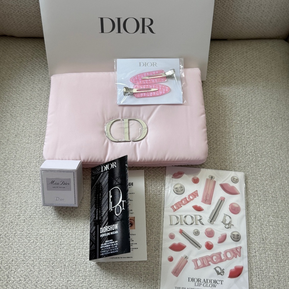 New Dior Pink Hair clips/Miss Dior Parfum/Mascara and Pink Flap Pouch